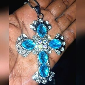 Silver and Blue Cross Pendant Necklace